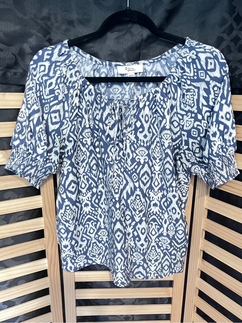 S.L. Fashions Navy and White Ikat Peasant Blouse